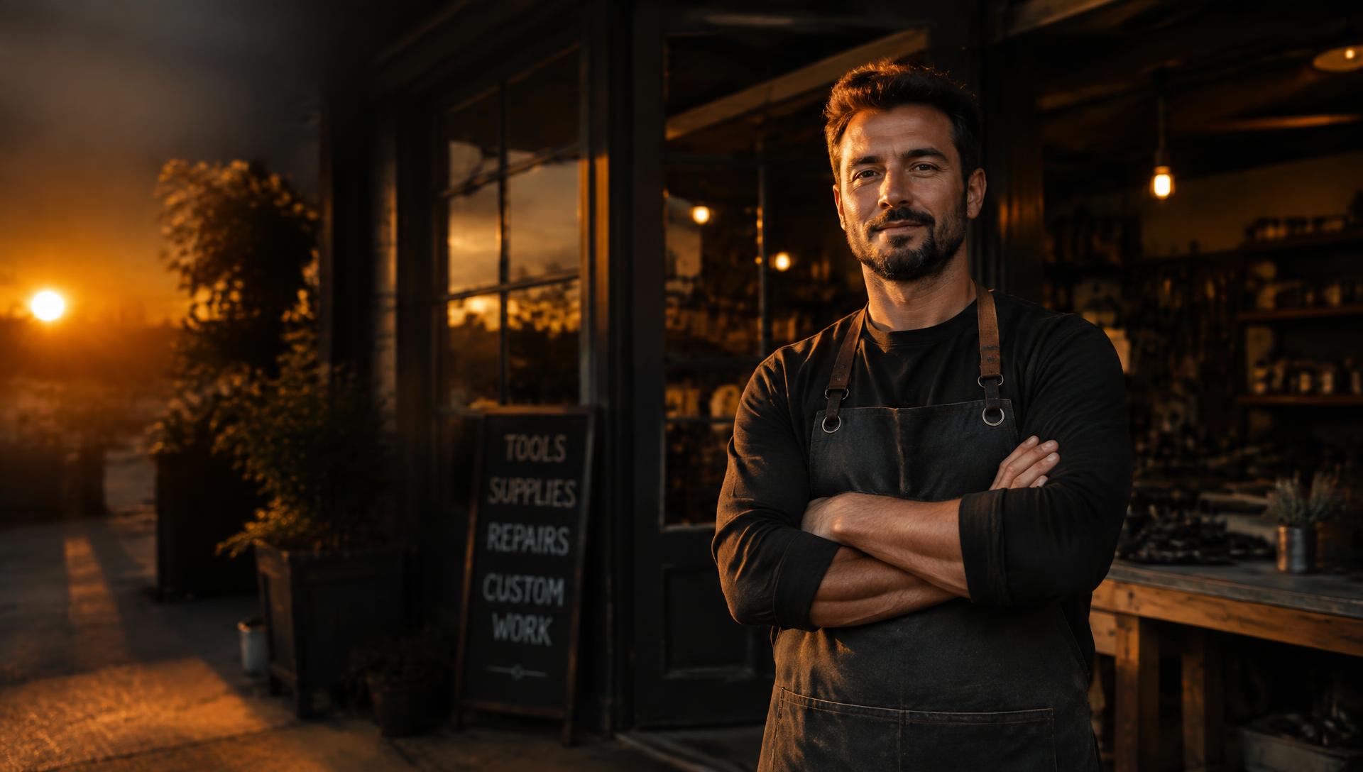 Local business owner standing in front of their workshop at sunset